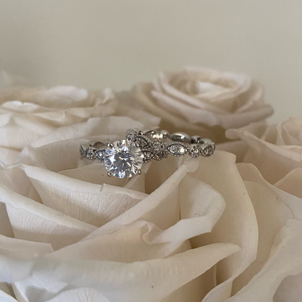 Engagement Ring Marquise and Round Alternating and Wedding Band Set White Gold